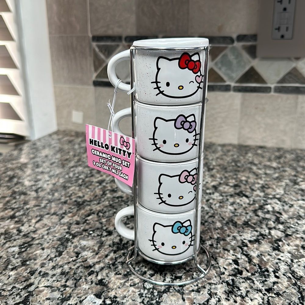 hello kitty stacked cup set 3oz 4 cups espresso coffee bar new rare ceramic cats